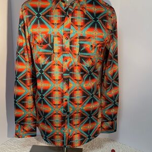 Men's Geometric Pattern Button Down Shirt - Orange and Blue